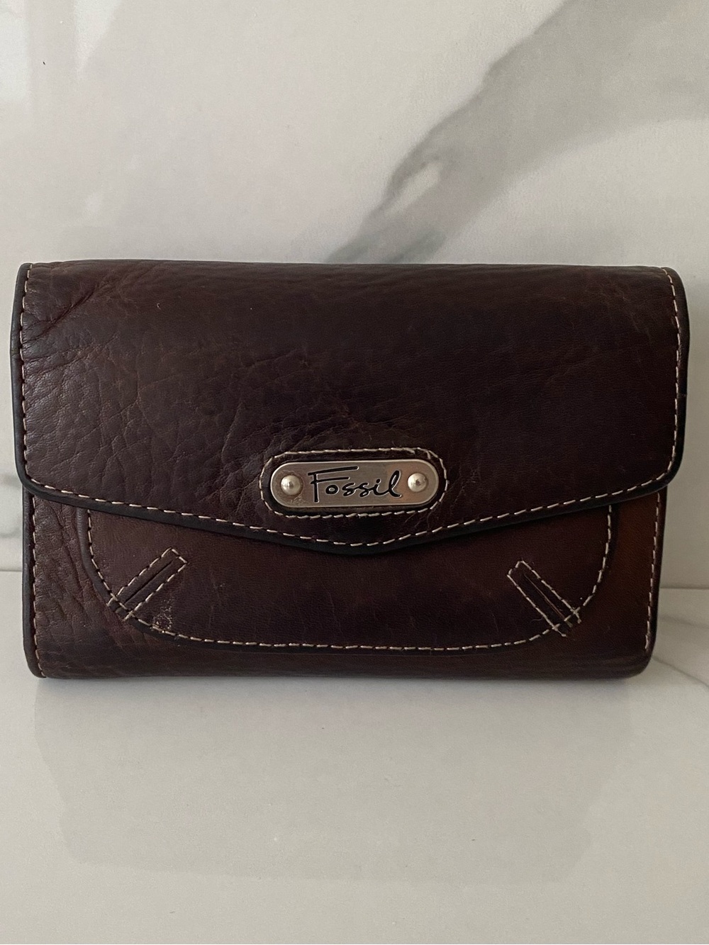 Vintage Fossil Olivia Flap Clutch Leather Wallet Brown Cream Stitching Classic